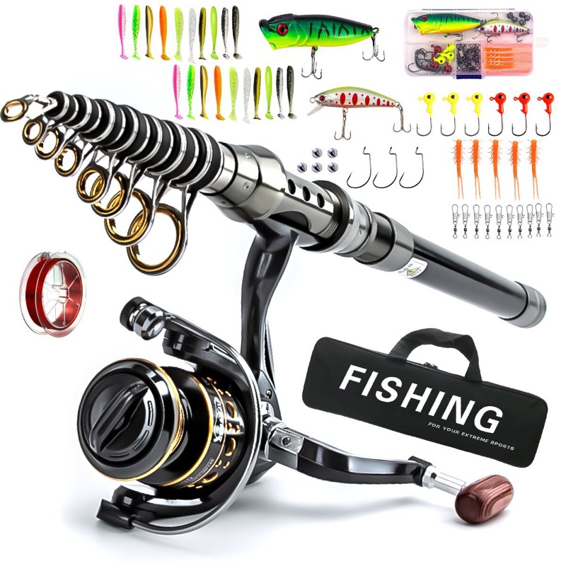 Fishing Rod Carbon Fiber - Kohlefaser-Teleskop-Angelruten-Rollen-Kombi-Set mit Simulierten Ködern, Tragbares Reise-Meeresangel-Set